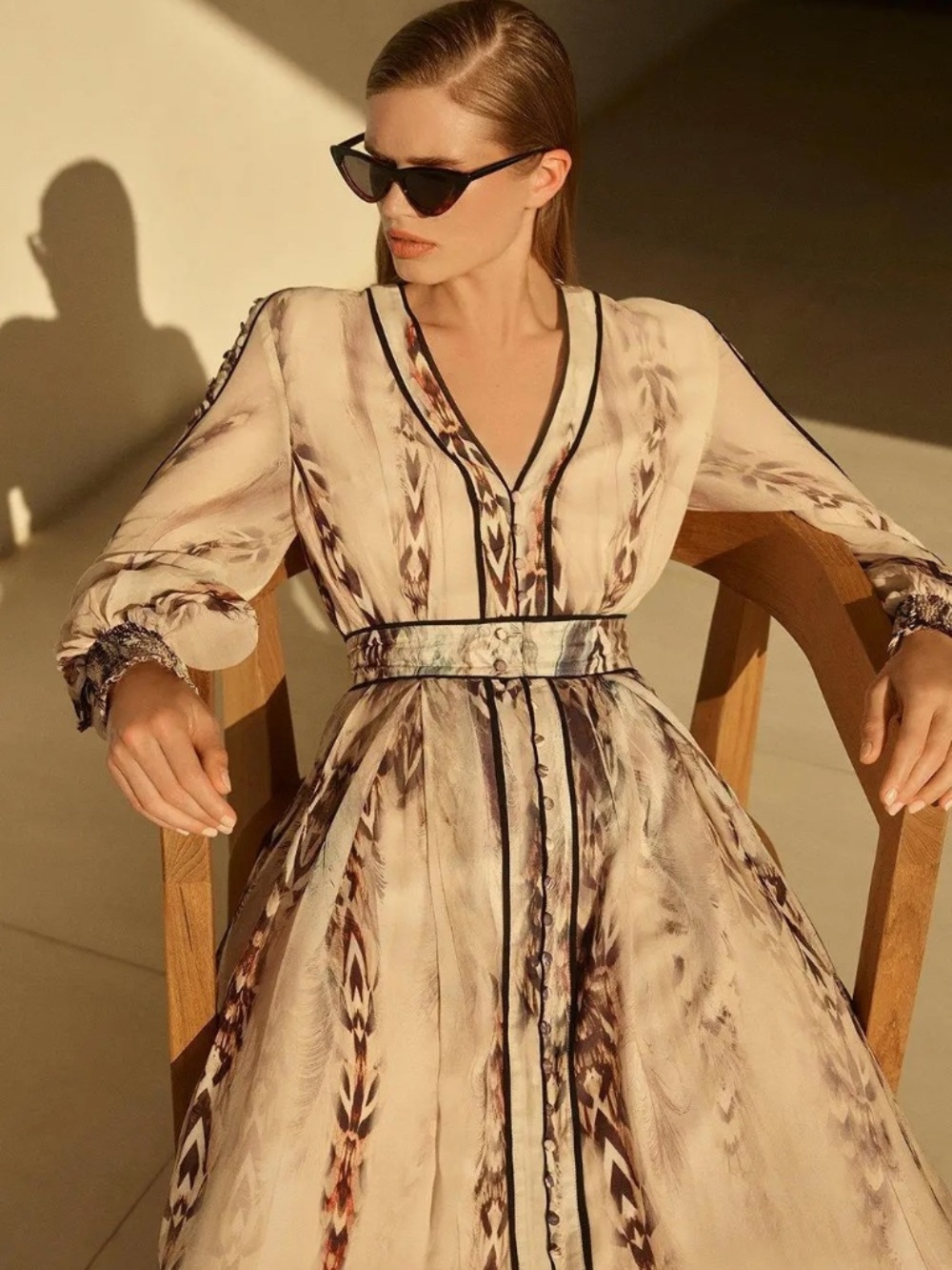 Karen Millen Printed Viscose Floral Border Print Maxi Dress (Color: Stone)